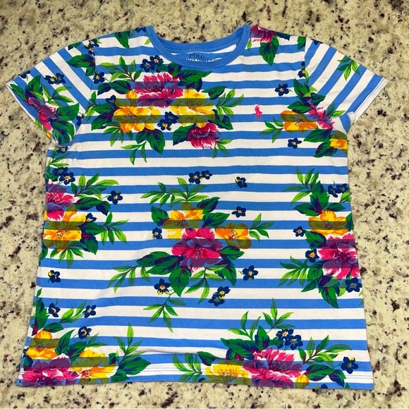 Polo Ralph Lauren Other - Polo Ralph Lauren Striped Floral Jersey Tee Girls XL 16 Blue Cotton Kids Youth